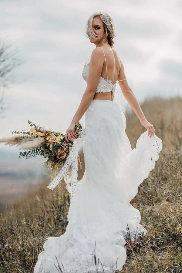 Tulle A Line Two Pieces Lace Appliques Spaghetti Straps Wedding Dresses, PW356 | tulle wedding dress | summer wedding dresses | cheap lace wedding dress | promnova.com