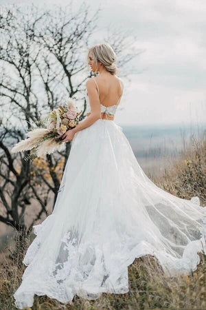 Tulle A Line Two Pieces Lace Appliques Spaghetti Straps Wedding Dresses, PW356 | two piece wedding dress | lace wedding dress | wedding gown | promnova.com