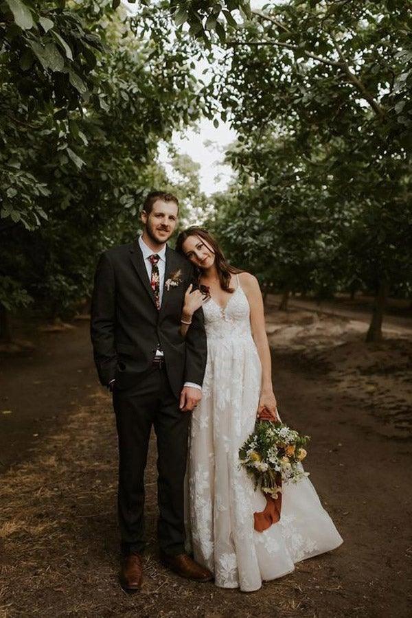 Tulle A Line V Neck Lace Appliqued Spaghetti Straps Wedding Dresses, PW400 | cheap lace wedding dress | bridal gown | wedding dress shops | promnova.com