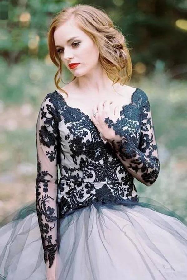 Tulle A Line V Neck Long Sleeves Black Lace Appliqued Wedding Dresses, PW381 | outdoor wedding dresses | tulle wedding dress | wedding dresses near me | promnova.com