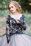Tulle A Line V Neck Long Sleeves Black Lace Appliqued Wedding Dresses, PW381 | outdoor wedding dresses | tulle wedding dress | wedding dresses near me | promnova.com