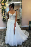 Tulle A Line V Neck Slit Boho Wedding Dresses With Lace Appliques, PW462 image 2