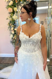 Tulle A Line V Neck Slit Boho Wedding Dresses With Lace Appliques, PW462 image 3