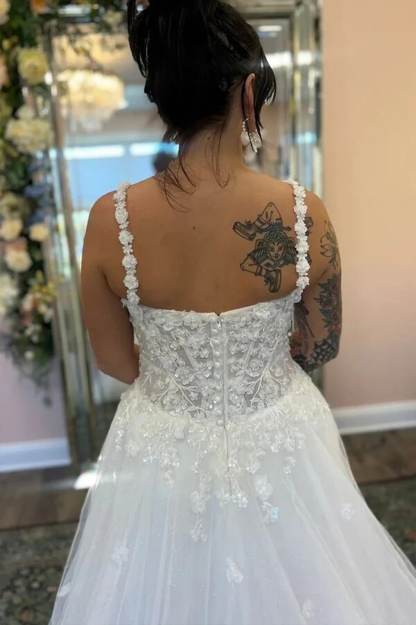 Tulle A Line V Neck Slit Boho Wedding Dresses With Lace Appliques, PW462 image 4