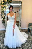 Tulle A Line V Neck Slit Boho Wedding Dresses With Lace Appliques, PW462