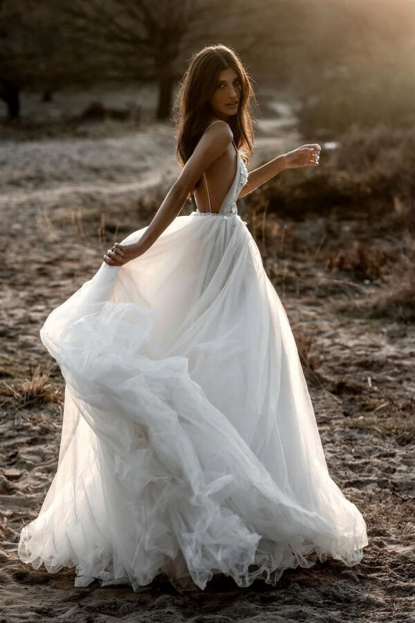 Tulle A Line V Neck Spaghetti Straps Lace Appliques Rustic Wedding Dresses, PW489 image 1