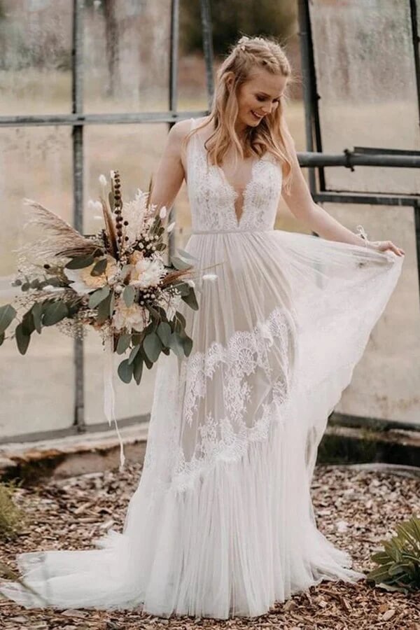 Tulle Lace A Line V Neck Bohemian Rustic Wedding Dresses, Bridal Gown, PW505 image 1