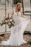 Tulle Lace A Line V Neck Bohemian Rustic Wedding Dresses, Bridal Gown, PW505