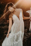 Tulle Lace A Line V Neck Bohemian Rustic Wedding Dresses, Bridal Gown, PW505 image 2
