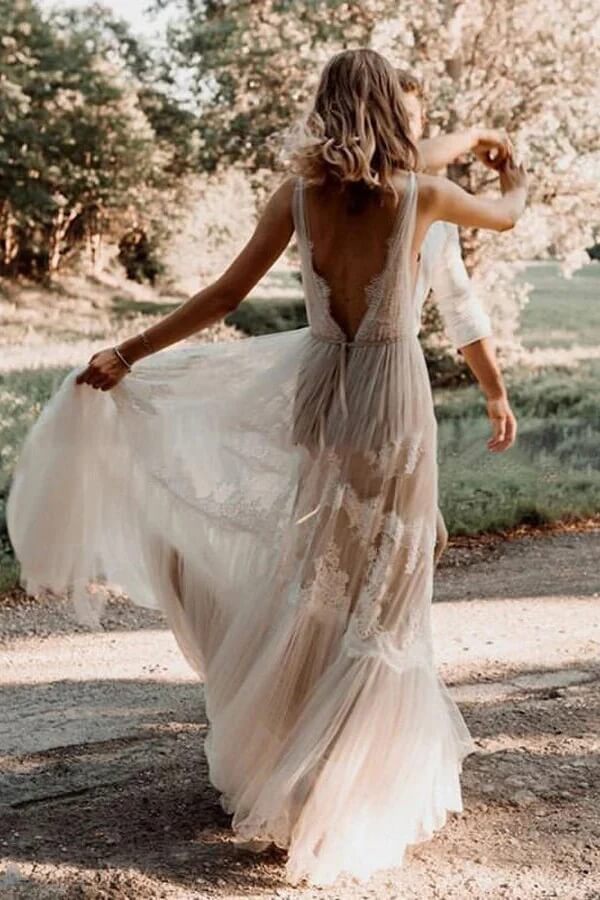 Tulle Lace A Line V Neck Bohemian Rustic Wedding Dresses, Bridal Gown, PW505 image 5