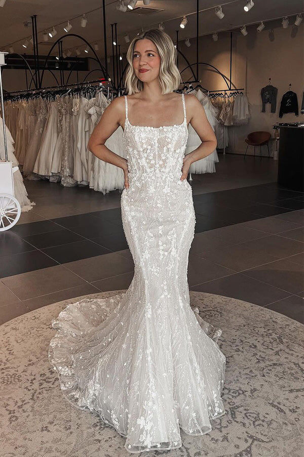 Tulle Mermaid Square Neck Lace Appliques Wedding Dresses With Train, PW495 image 1
