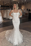 Tulle Mermaid Square Neck Lace Appliques Wedding Dresses With Train, PW495