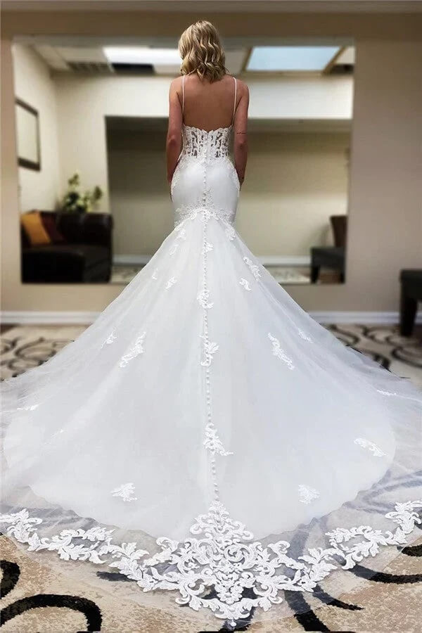 Tulle Mermaid V Neck Spaghetti Strap Wedding Dresses With Appliques, PW463 | backless wedding dress | vintage wedding dress | bridal gown | promnova.com