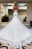 Tulle Mermaid V Neck Spaghetti Strap Wedding Dresses With Appliques, PW463 | backless wedding dress | vintage wedding dress | bridal gown | promnova.com
