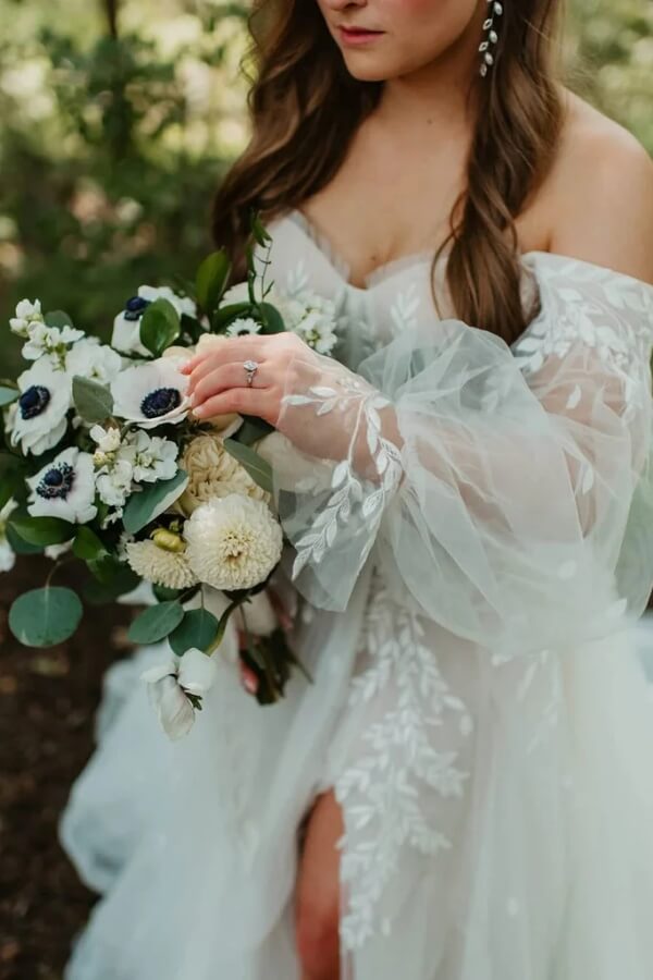 Tulle Off Shoulder Long Sleeve Boho Wedding Dresses, Bridal Gown, PW504 image 4