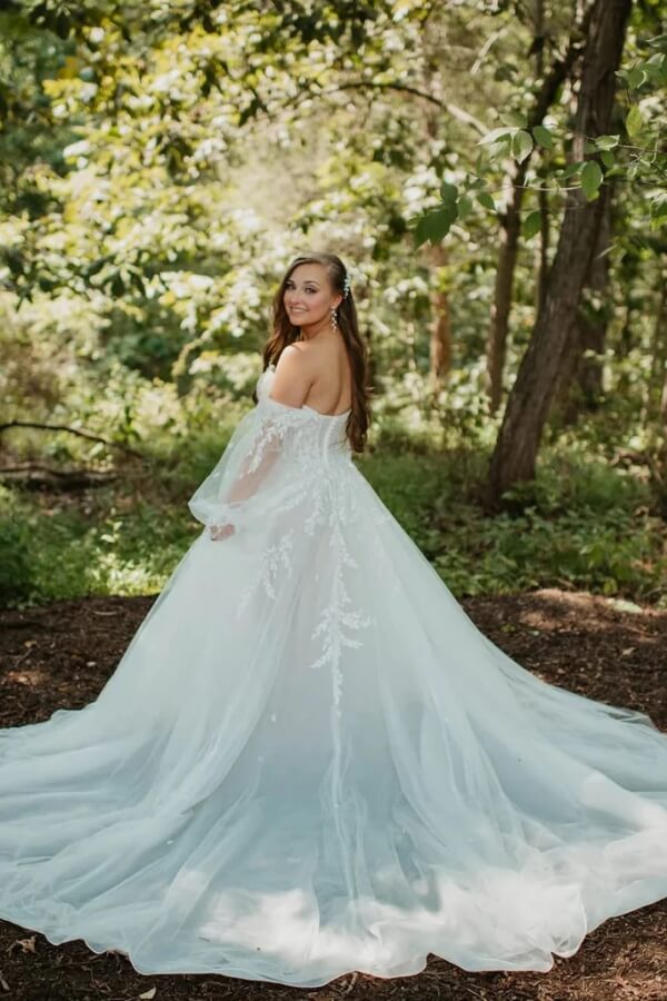 Tulle Off Shoulder Long Sleeve Boho Wedding Dresses, Bridal Gown, PW504 image 2