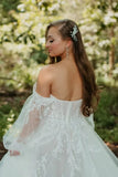 Tulle Off Shoulder Long Sleeve Boho Wedding Dresses, Bridal Gown, PW504 image 3