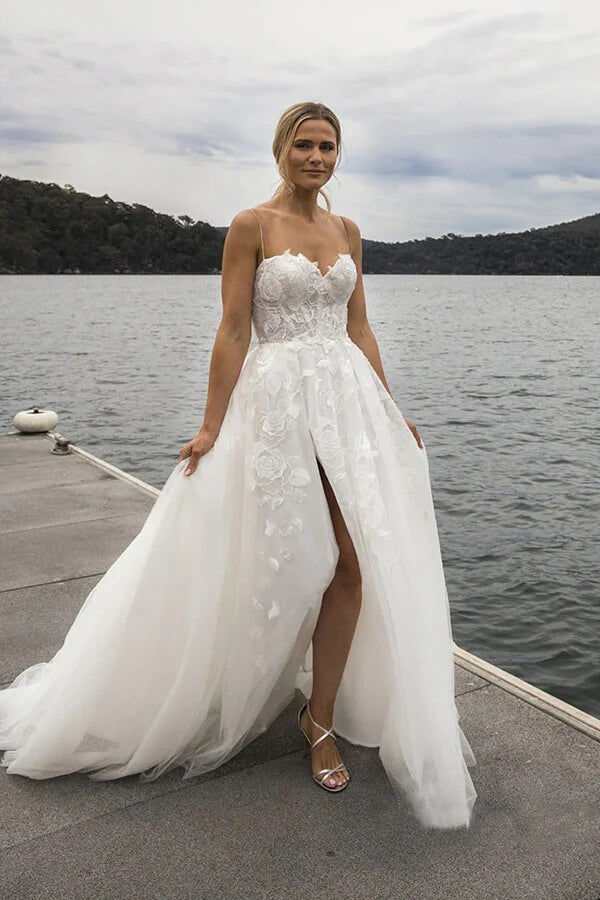 Tulle Sweetheart Spaghetti Straps Lace Appliques Beach Wedding Dress, PW488 | a line wedding dress | summer wedding dress | wedding dress stores | promnova.com