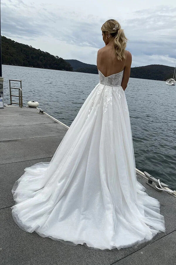 Tulle Sweetheart Spaghetti Straps Lace Appliques Beach Wedding Dress, PW488 | outdoor wedding dress | wedding dress online | bridal gown | promnova.com