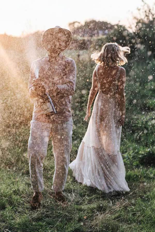 Unique Tulle A Line V-neck Lace Appliques Backless Rustic Wedding Dress, PW480 | lace wedding gown | summer wedding dress | champagne wedding dress | promnova.com