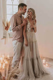 Unique Tulle A Line V-neck Lace Appliques Backless Rustic Wedding Dress, PW480 | bohemian wedding dress | cheap lace wedding dress | wedding gown | promnova.com