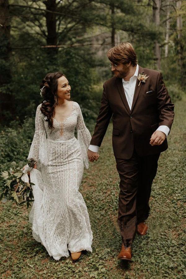 A Line Lace Long Sleeves Lace Up Back Beach Wedding Dresses, Bridal Gown, PW295 | long sleeves wedding dresses | cheap lace wedding dresses | bohemian wedding dresses | promnova.com