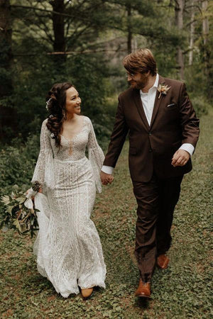 A Line Lace Long Sleeves Lace Up Back Beach Wedding Dresses, Bridal Gown, PW295 | long sleeves wedding dresses | cheap lace wedding dresses | bohemian wedding dresses | promnova.com