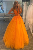 Beautiful Orange Tulle A Line V Neck Lace Appliques Long Prom Dresses, PL529 | new arrival prom dresses | cheap long prom dresses | prom dress near me | promnova.com