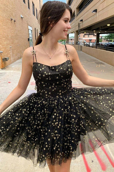 Black Tulle Spaghetti Straps Stars Homecoming Dresses, Short Prom Dress, PH408