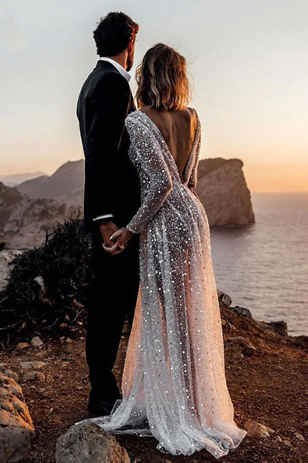 Bling A Line V Neck See-through Long Sleeves Sparkly Lace Wedding Dress, PW280 | cheap lace wedding dress | wedding dresses online | outdoor wedding dresses | promnova.com