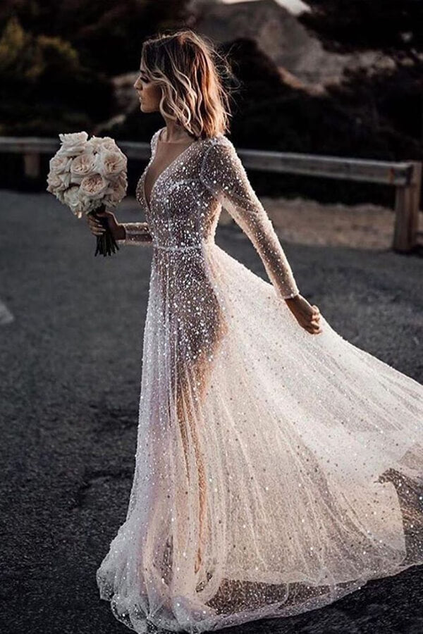 Bling A Line V Neck See-through Long Sleeves Sparkly Lace Wedding Dress, PW280 | beach wedding dresses | bridal gowns | summer wedding dresses | promnova.com