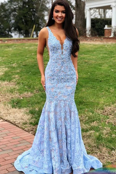 Blue Lace Mermaid Open Back V Neck Prom Dresses PL501