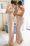 Blush Pink Sheath One Shoulder Floor Length Long Bridesmaid Dresses, PB161