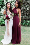 Burgundy Chiffon A Line Halter Bridesmaid Dresses, Wedding Party Dress, PB158