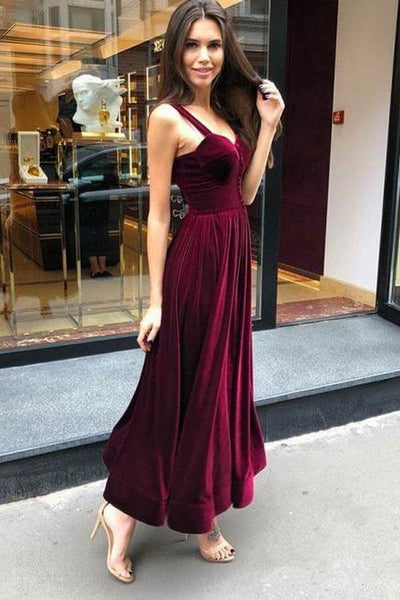 Burgundy Velvet A Line Spaghetti Straps Prom Dresses PL495