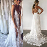Charming A-line Lace Spaghetti Straps Split Ivory Long Beach Wedding Dress PW232 | cheap lace wedding dresses | wedding dresses stores | wedding gowns | promnova.com