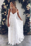 Charming A-line Lace Spaghetti Straps Split Ivory Long Beach Wedding Dress PW232