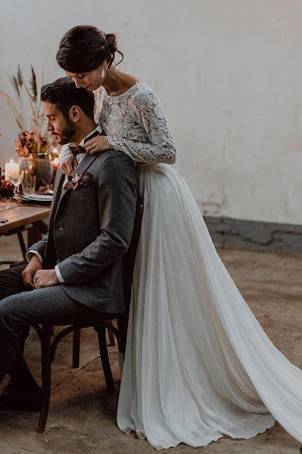 Chiffon A-line Two Pieces Long Sleeves Lace Wedding Dress, Wedding Gown, PW330 | bohemian wedding dresses | wedding dresses online | wedding dresses stores | promnova.com