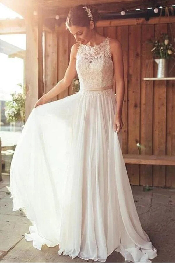 Chiffon Lace A Line Boho Beach Wedding Dresses, Bridal Gown With Train, PW287 | beach wedding dresses | lace wedding dresses | a line wedding dresses | promnova.com