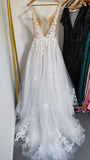 A Line Lace Deep V Neck Wedding Dresses With Sweep Train, Bridal Gown, PW283 | tulle wedding dresses | summer wedding dress | bridal gown | promnova.com
