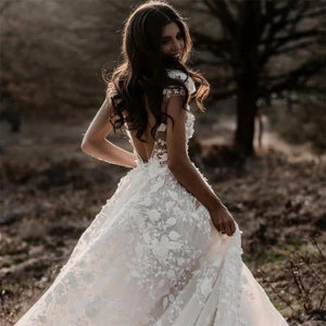 Gorgeous Ivory A Line Cap Sleeves Lace Appliques Beach Weding Dresses, PW326 | a line wedding dresses | bohemian wedding dresses | wedding gowns | promnova.com