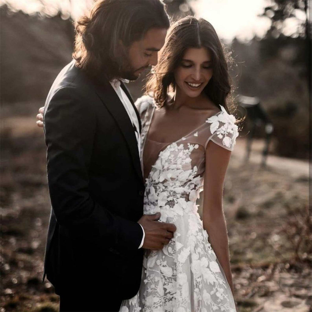 Gorgeous Ivory A Line Cap Sleeves Lace Appliques Beach Weding Dresses, PW326 | sexy wedding dress | wedding dress styles | cheap lace wedding dress | promnova.com