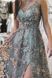 Grey Tulle Sequins V-neck Long Prom Dresses, Formal Dress With Side Split, PL416 | lace prom dresses | tulle lace prom dress | evening gown | www.promnova.com