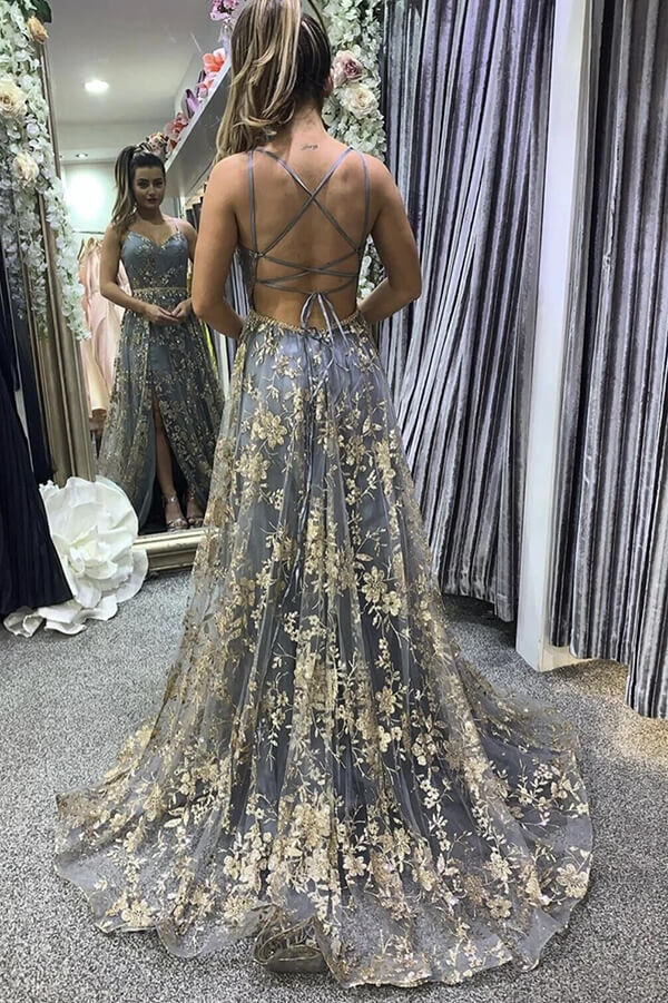 Grey Tulle Sequins V-neck Long Prom Dresses, Formal Dress With Side Split, PL416 | grey prom dresses | tulle lace prom dress | evening dresses | www.promnova.com
