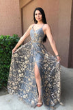 Grey Tulle Sequins V-neck Long Prom Dresses, Formal Dress With Side Split, PL416 | a line prom dress | v neck prom dress | tulle prom dresses | www.promnova.com