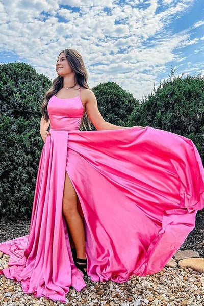 Hot Pink Silk Satin A Line Scoop Neck Long Prom Dress PL464 | Promnova US12 / Custom Color Hot Pink Silk Satin A Line Scoop Neck Long Prom Dress PL464 | Promnova US12 / Custom Color