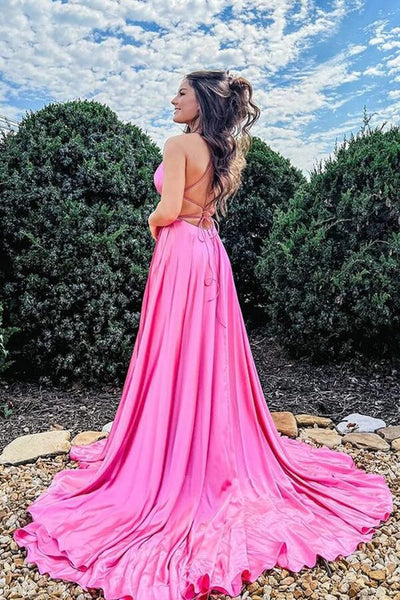 open lace back dress Hot Pink Silk Satin A Line Scoop Neck Long Prom Dress PL464
