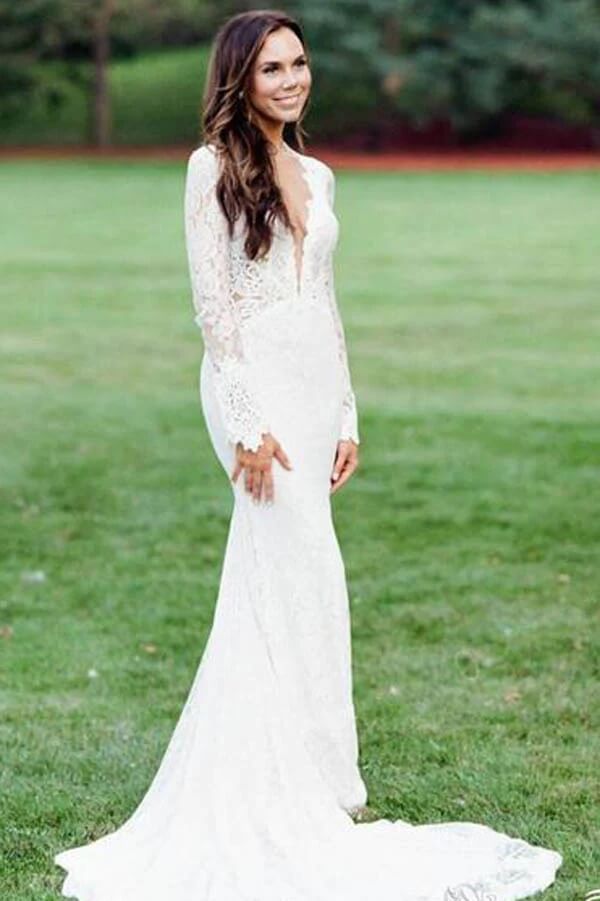 Ivory Lace Mermaid Backless Long Sleeves Wedding Dresses, Wedding Gown, PW348 | beach wedding dress | mermaid wedding dresses | cheap wedding dress | promnova.com