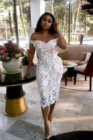 Ivory Lace Sheath Off Shoulder Short Bridesmaid Dress, Wedding Party Dress, PB156 | wedding guest dresses | bridesmaid dresses near me | junior bridesmaid dress | maid of honor dresses | promnova.com