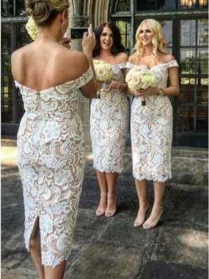 Ivory Lace Sheath Off Shoulder Short Bridesmaid Dress, Wedding Party Dress, PB156 | plus size bridesmaid dress | lace bridesmaid dresses | cheap bridesmaid dresses | promnova.com